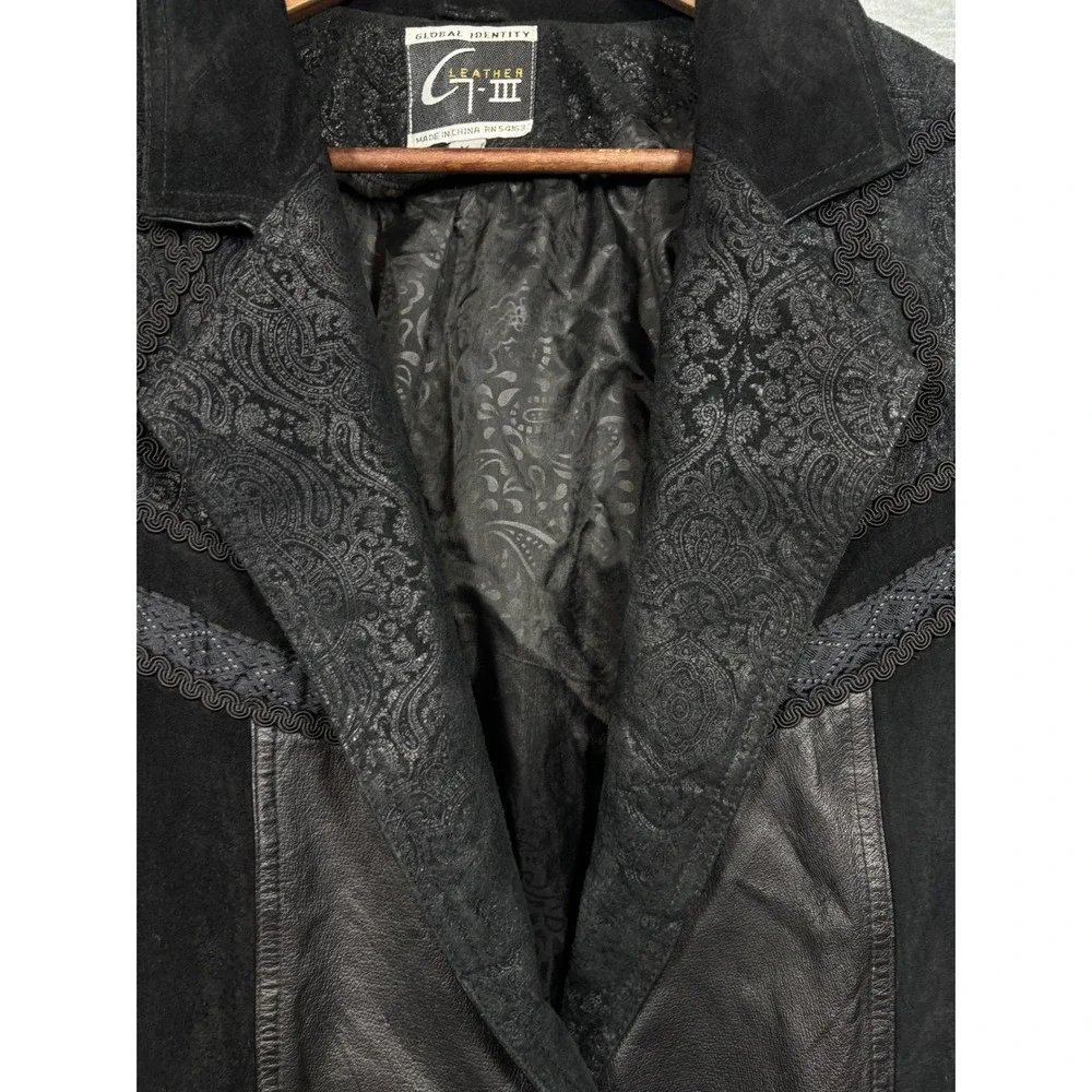 Vtg G-III Black Leather Coat‎ Womens M Suede Paisley Trench Duster Jacket